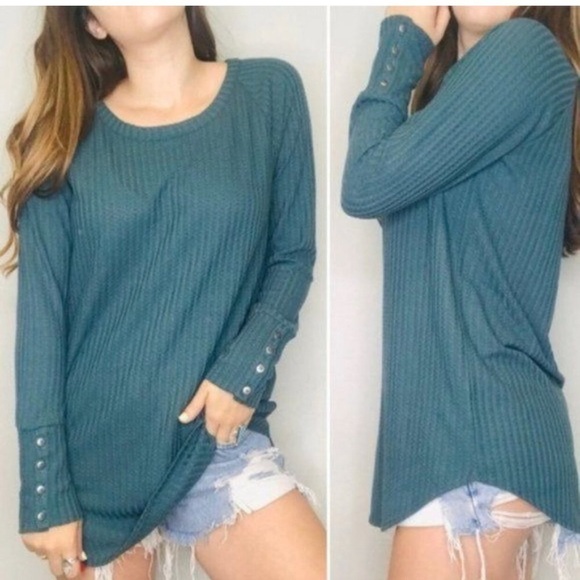 CHASER Ladies' Long Sleeve Waffle Thermal Tunic Sweater Top Lush Green Medium - Picture 5 of 5